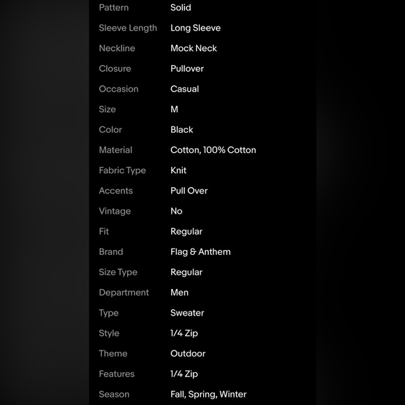 Flag & Anthem Mens 1/4 Zip Sweater Pullover Medium Black Mid-Weight Long Sleeve - Picture 13 of 13